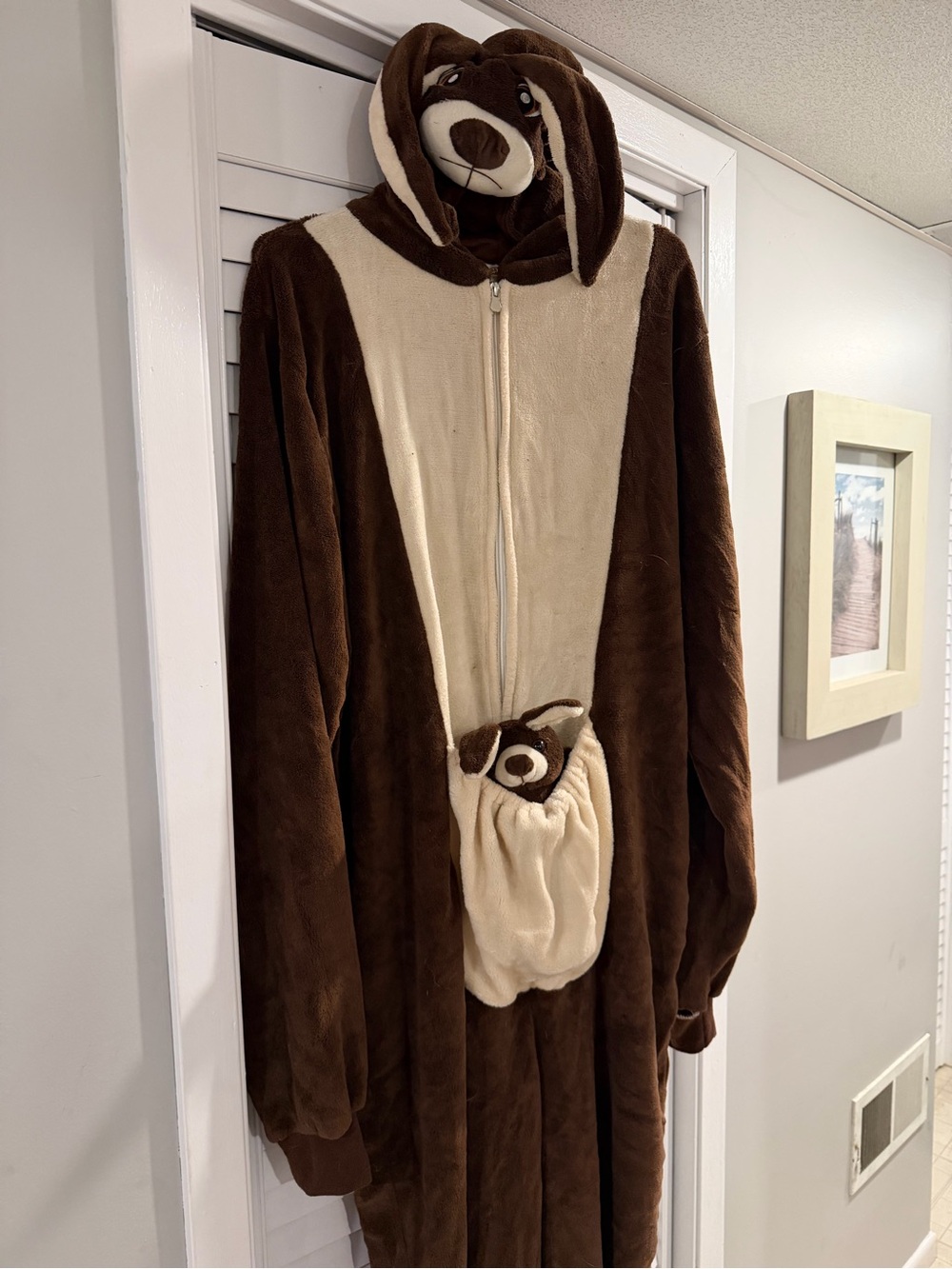 Brown and Cream Plush Kangaroo Costume with Hood. Used as Kenga from Winnie Pooh